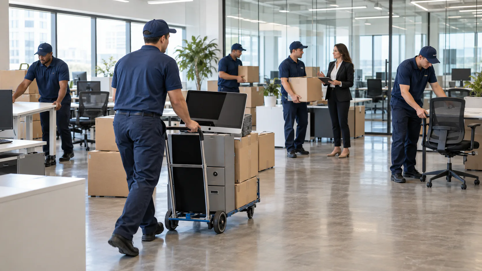 Office movers handling desks and equipment