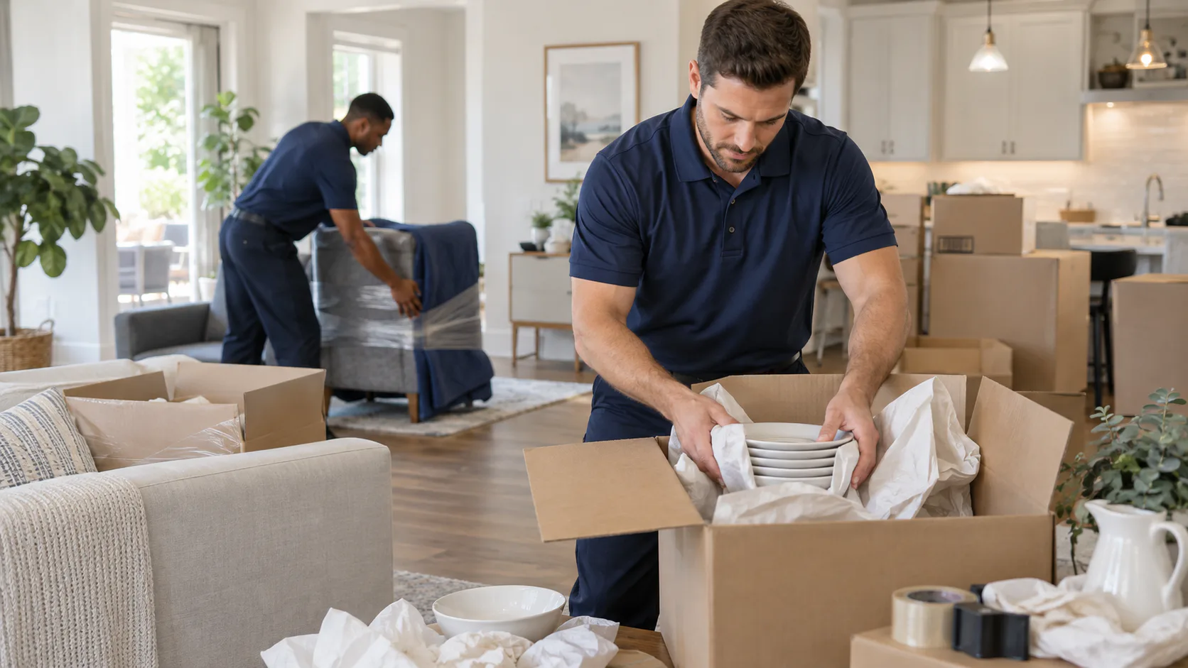 Movers packing household belongings into boxes