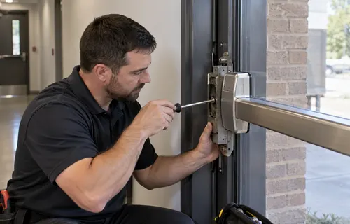 Technician repairing a panic bar exit device