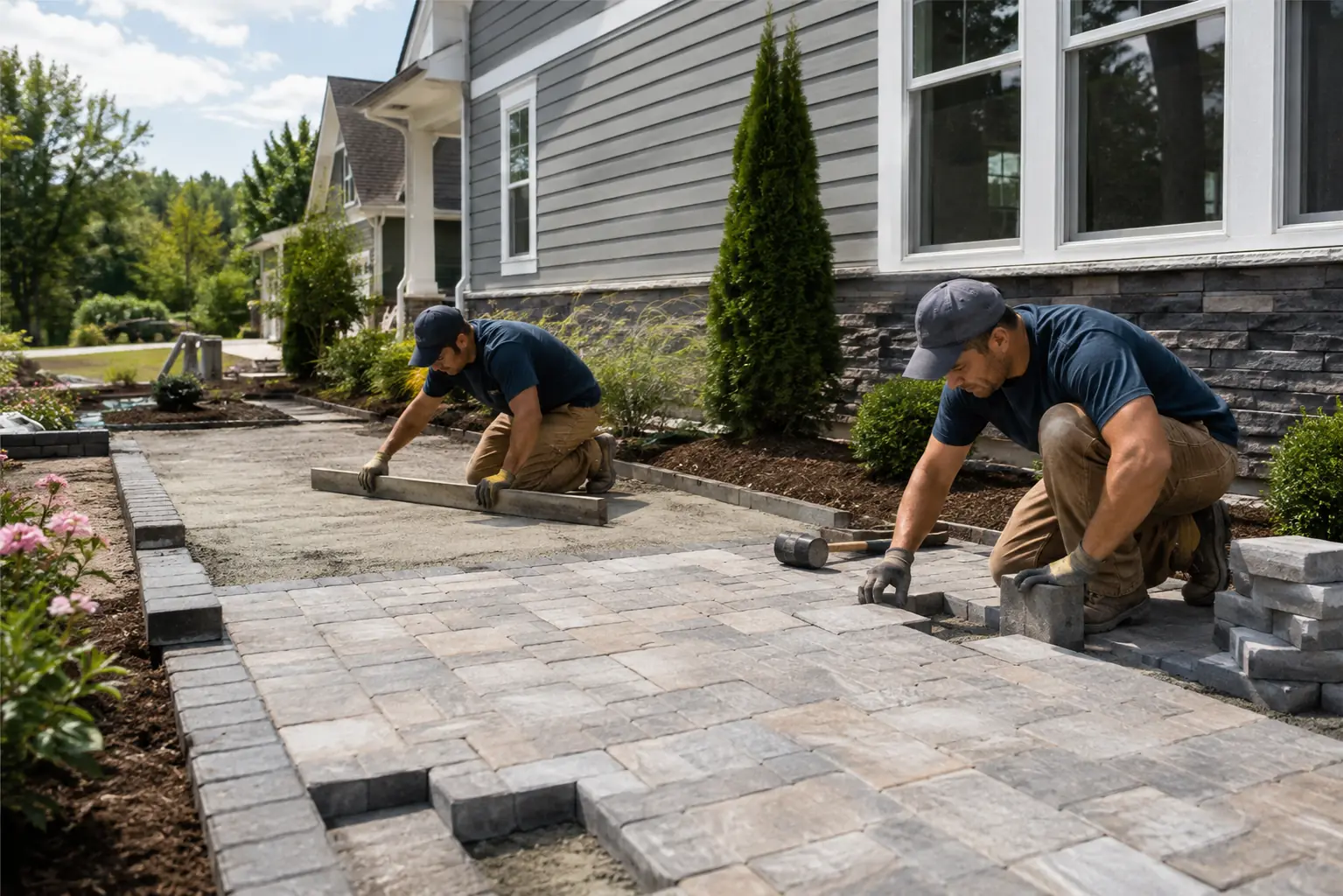 Landscapers installing pavers for a patio or walkway