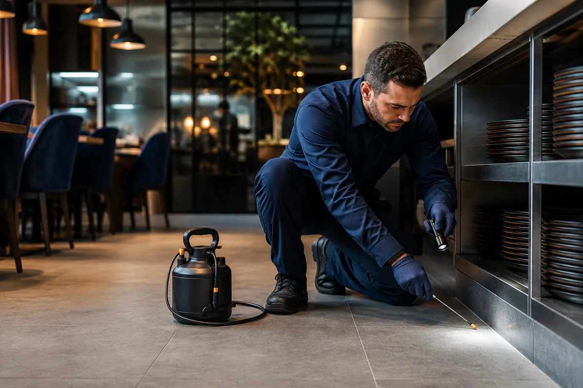 Pest control technician working inside a commercial property