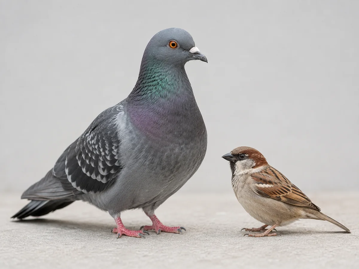 Pigeon and small bird shown together