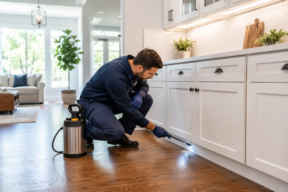 Pest control technician inspecting a residential property