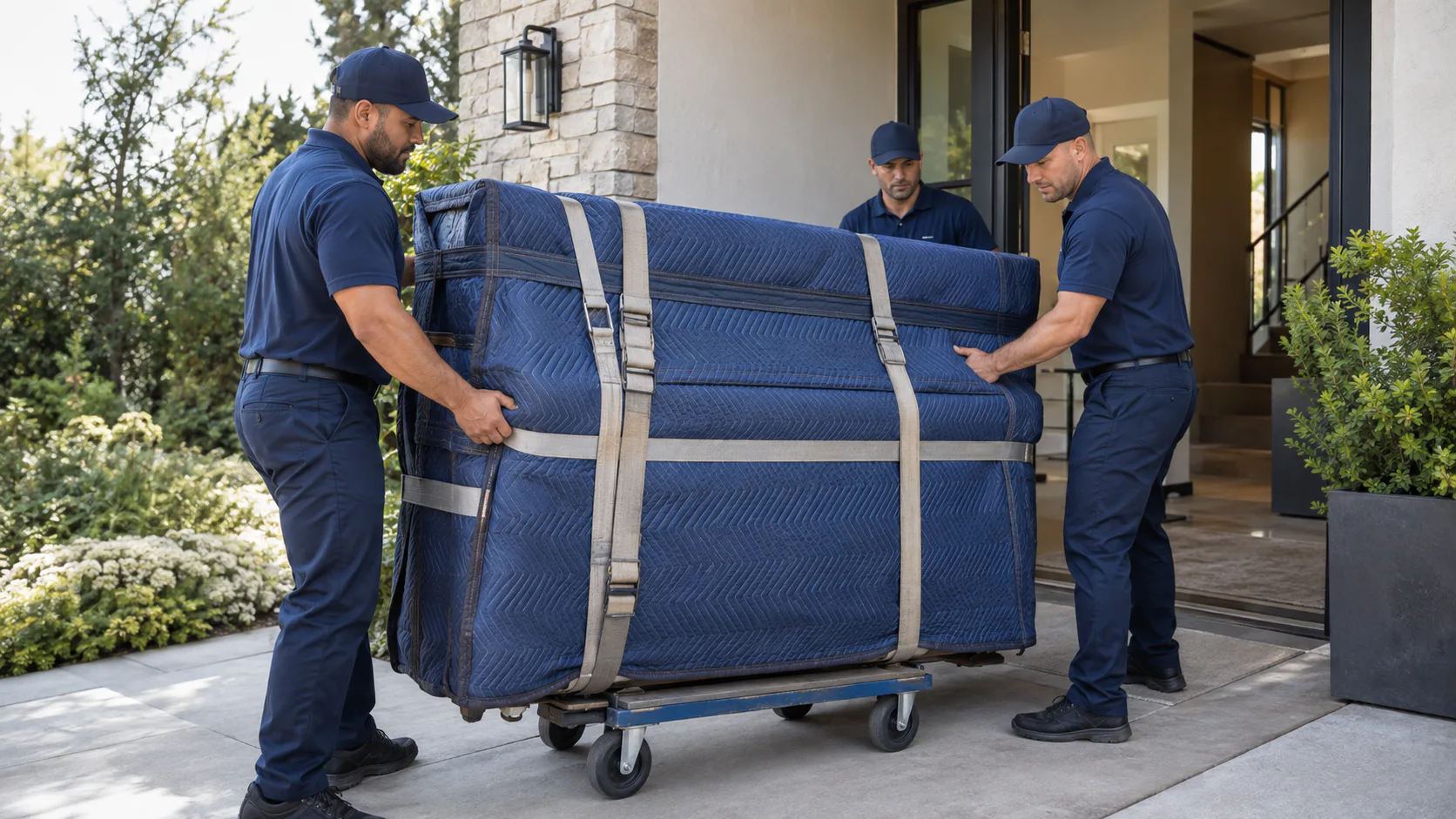 Professional movers transporting a piano