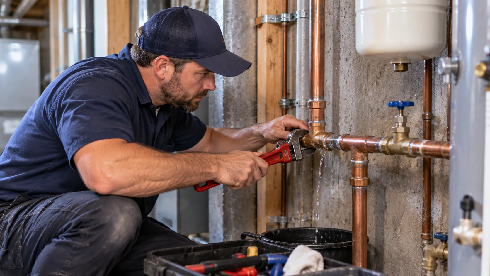 Plumber repairing exposed water pipes