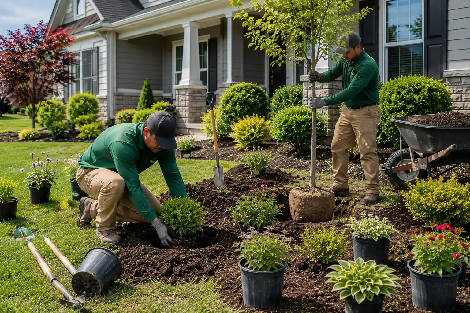 Landscaper planting shrubs and greenery in a yard