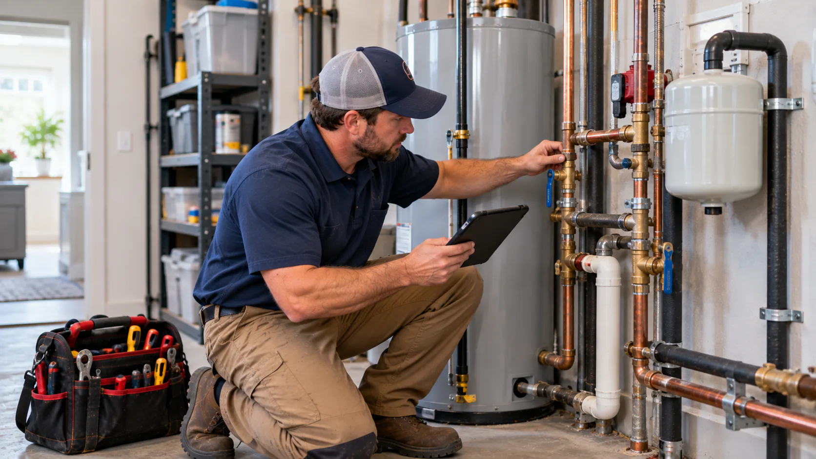 Plumber inspecting residential plumbing connections