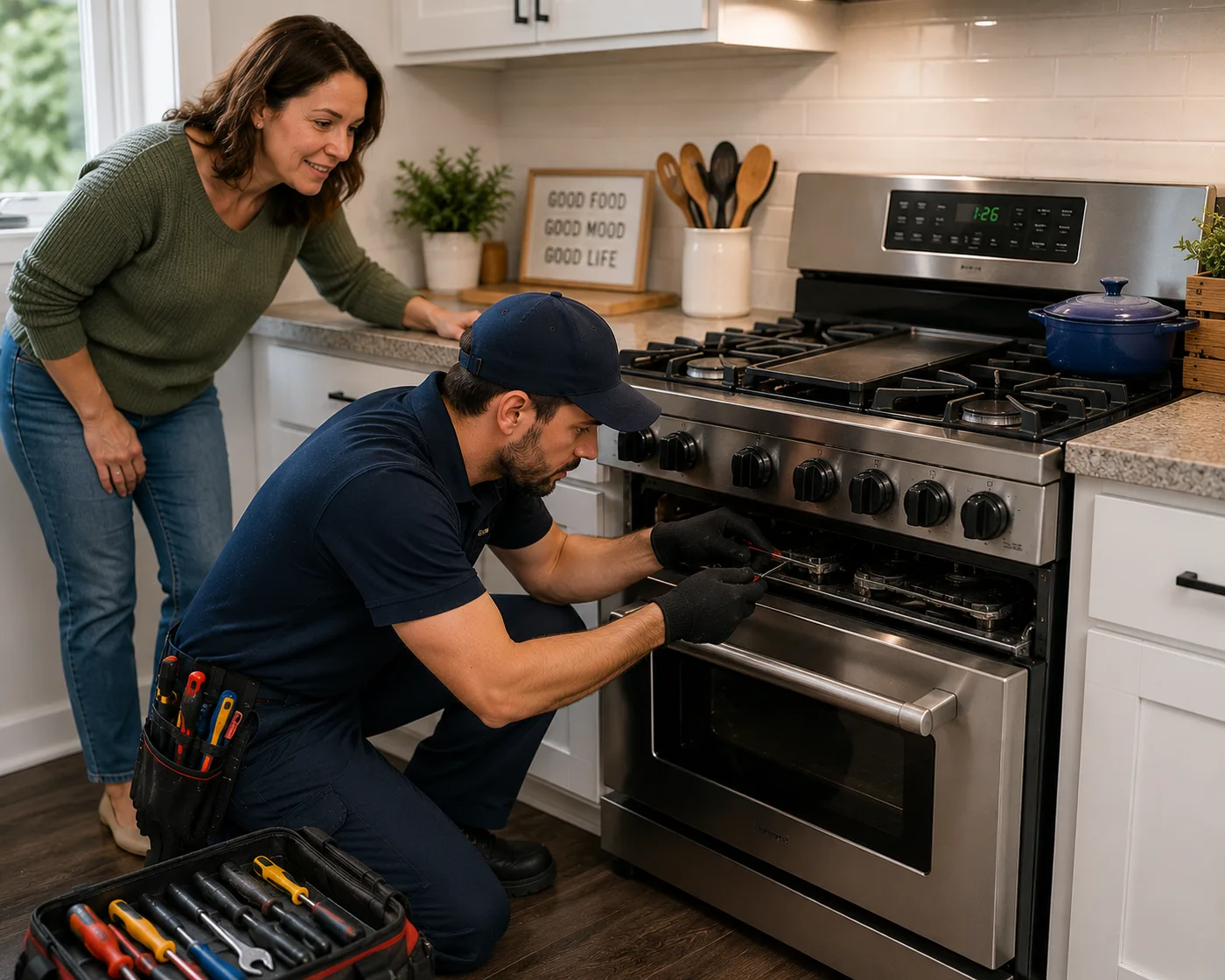 Technician inspecting a kitchen range and stove