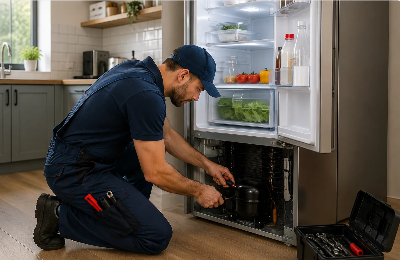 Technician repairing a refrigerator in a residential kitchen