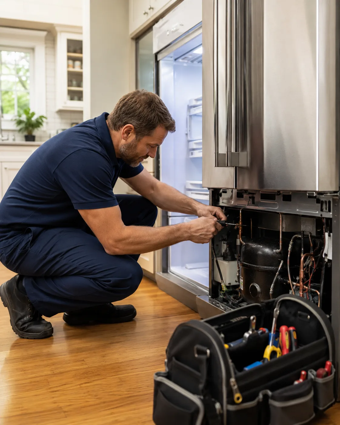 Technician checking a residential appliance in a home kitchen
