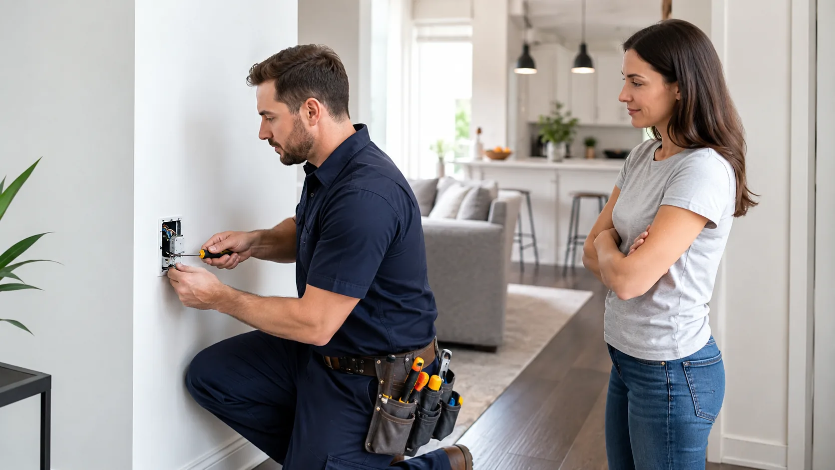 Electrician working on residential electrical equipment inside a home