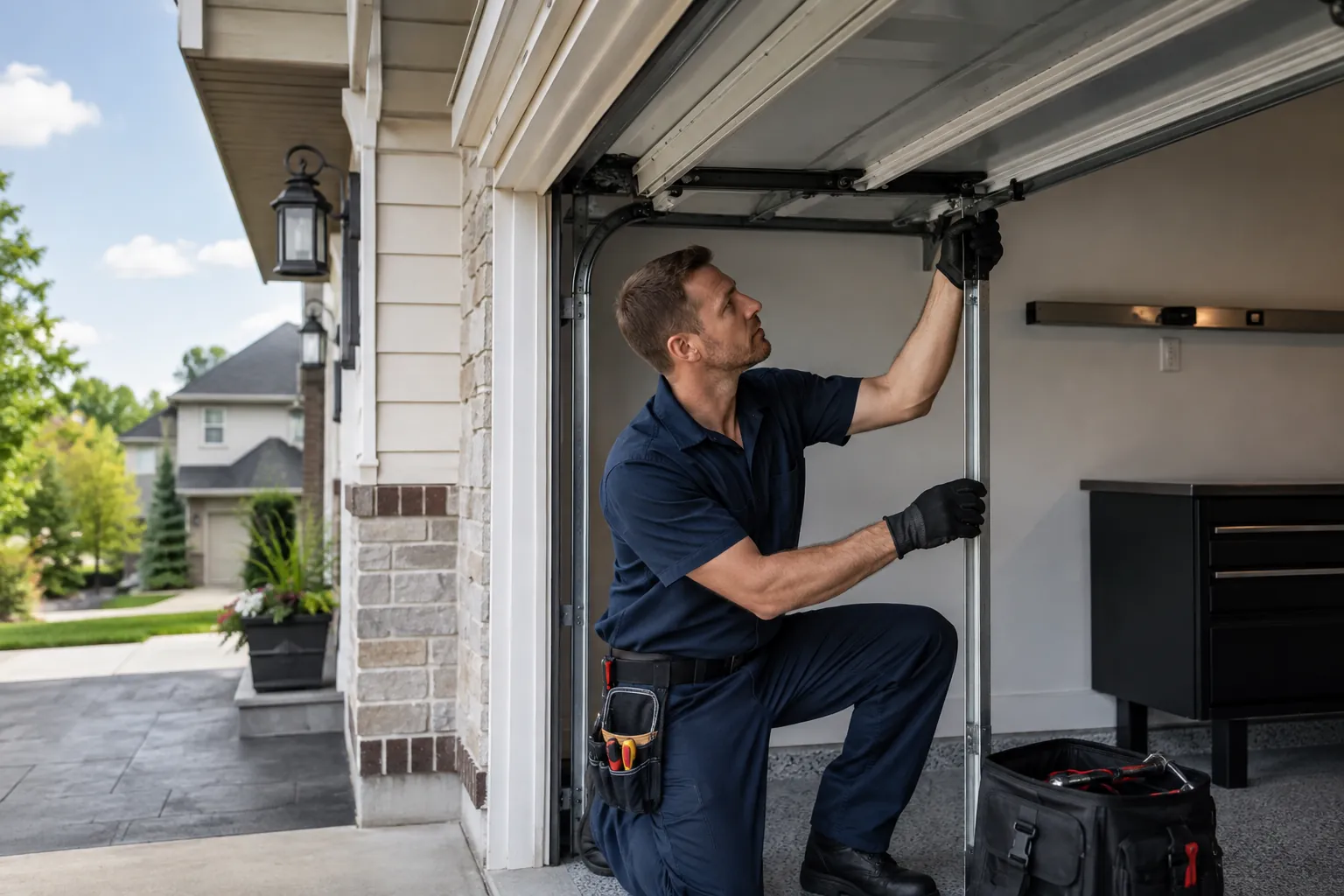 Garage door technician repairing a residential sectional garage door