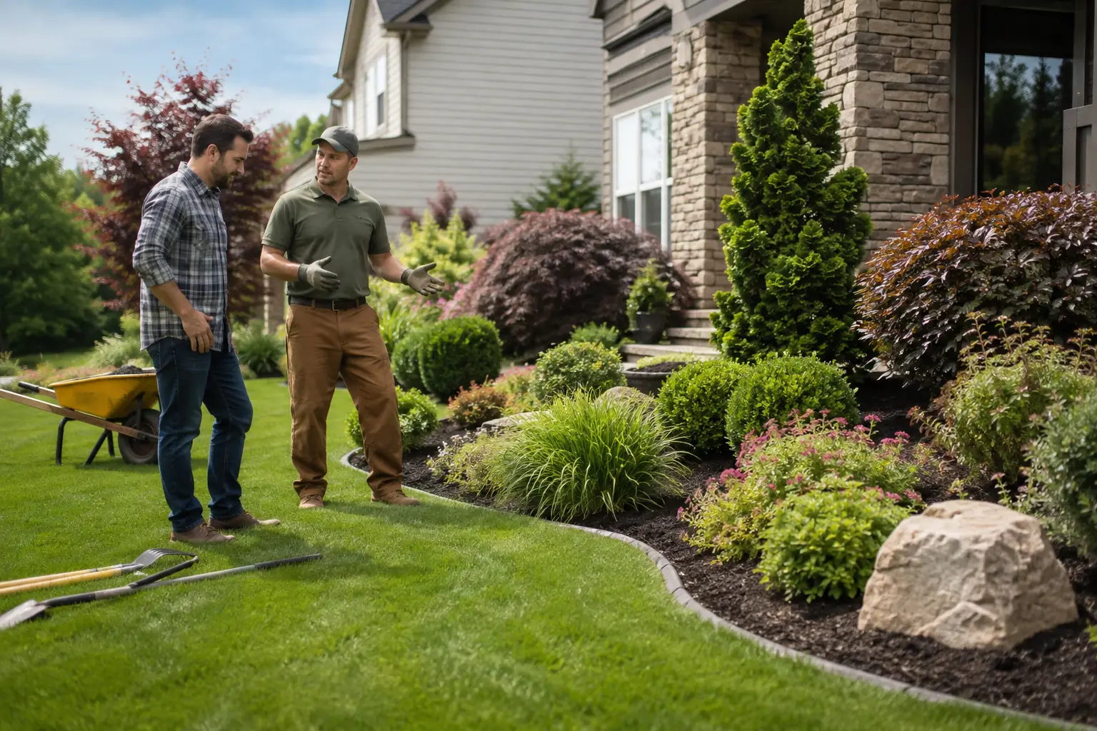 Landscaper working in the yard of a residential property