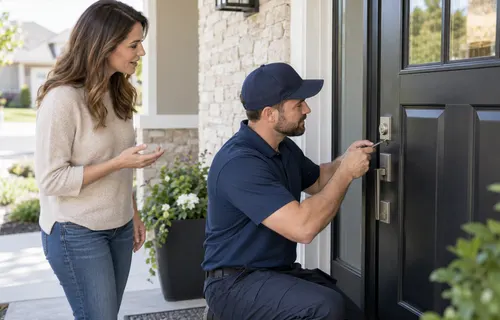 Locksmith working on a residential door lock