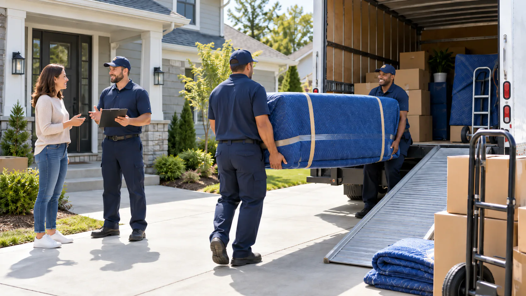 Moving crew carrying boxes into a residence