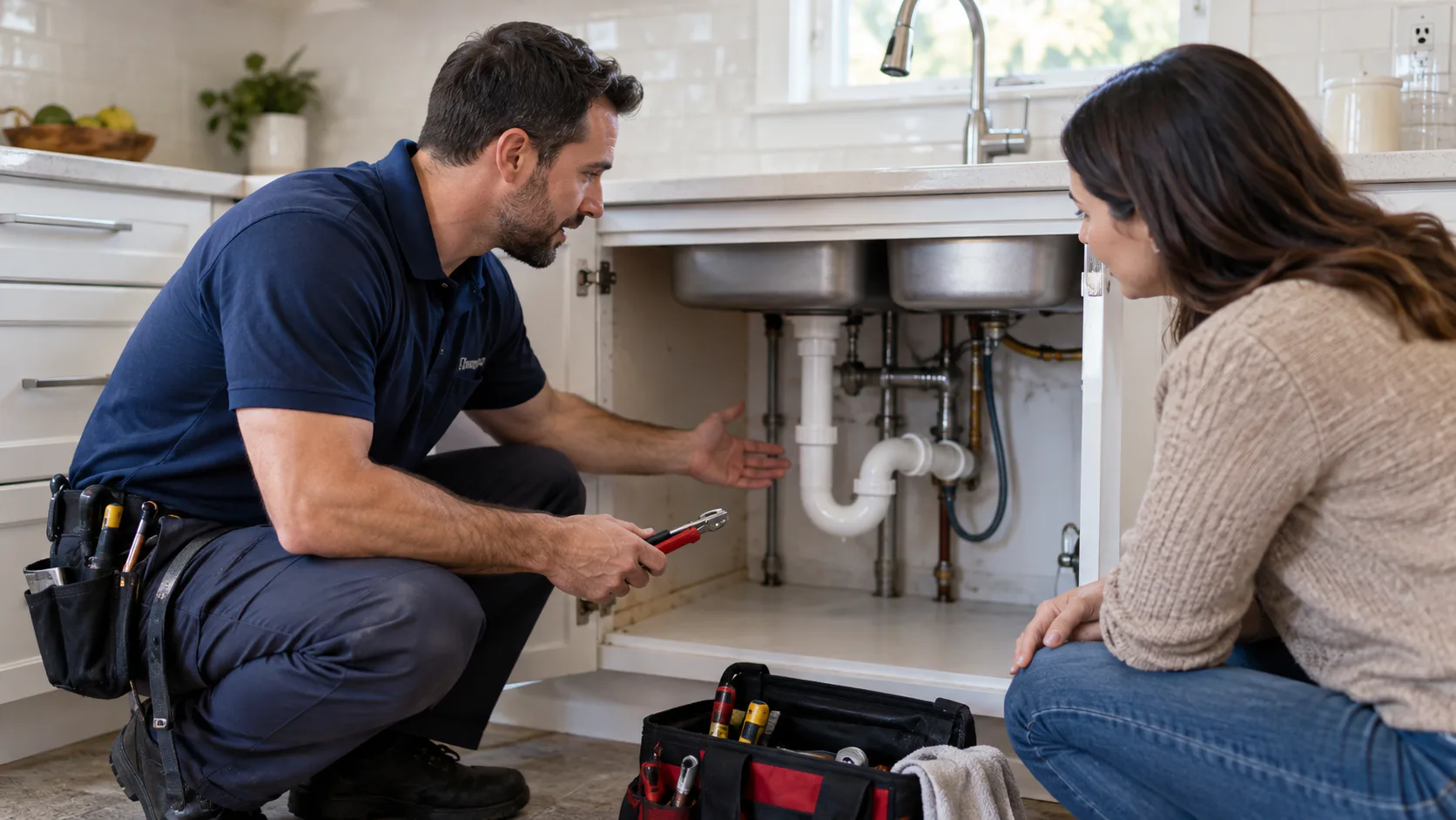 Plumber inspecting piping beneath a residential sink