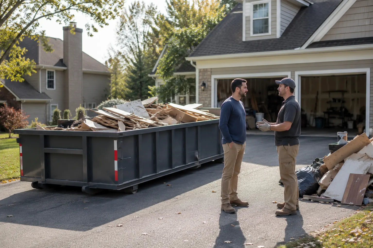 Roll-off dumpster positioned at a residential property