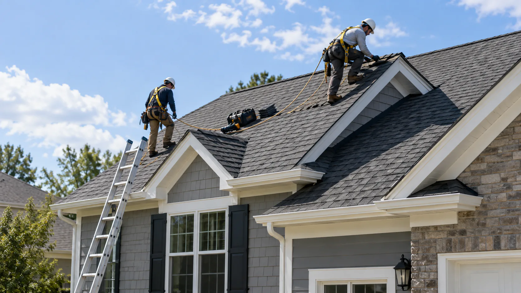 Roofers installing shingles on a residential home