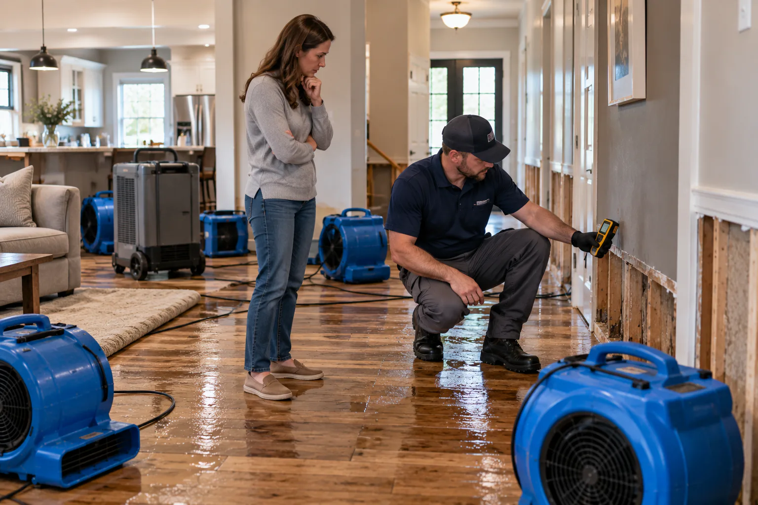 Technician inspecting water damage inside a residential property