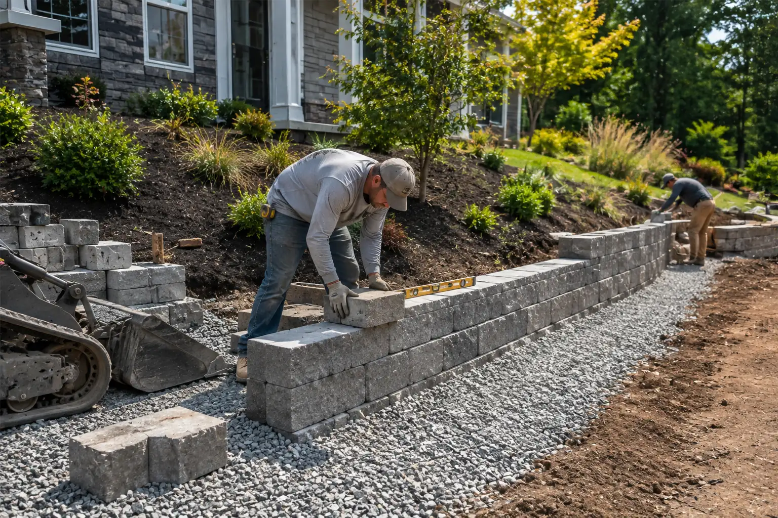 Landscapers building a retaining wall in an outdoor area