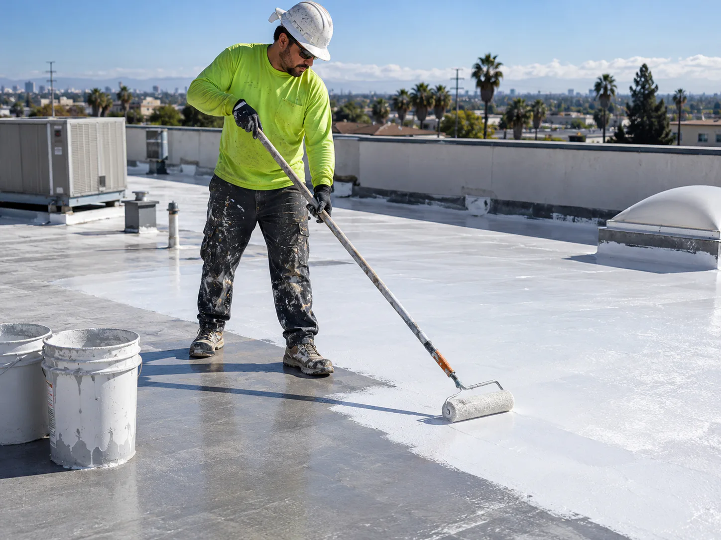 Roofing crew applying a protective roof coating