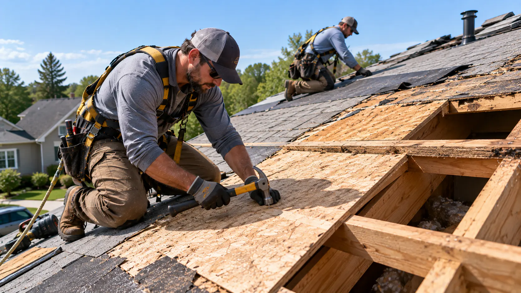 Roofer repairing roof decking