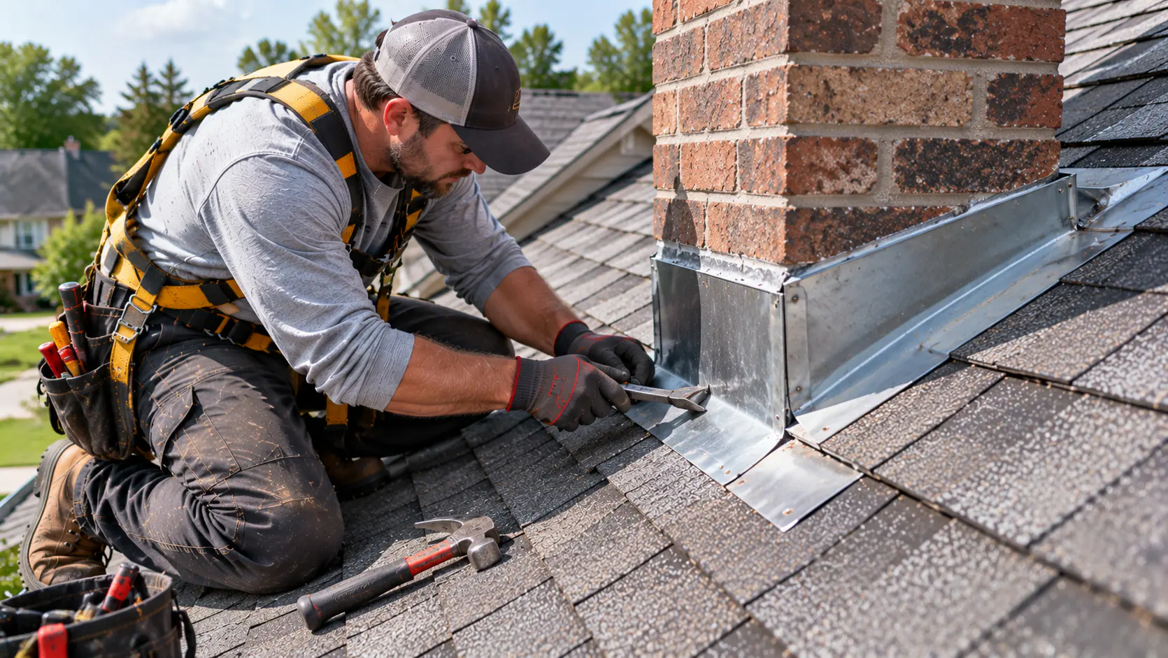 Roofer repairing metal roof flashing