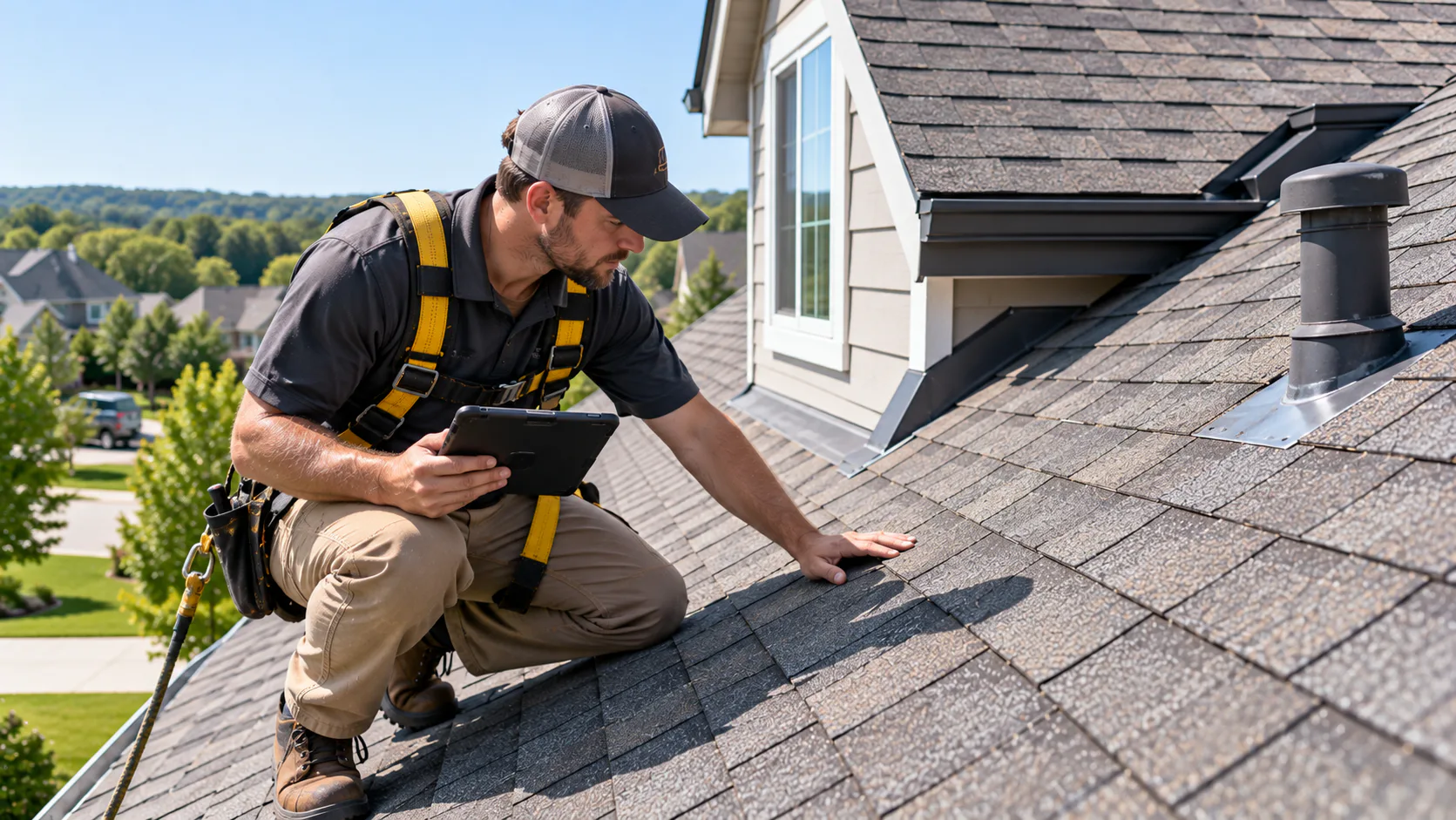 Roofing professional inspecting shingles and flashing