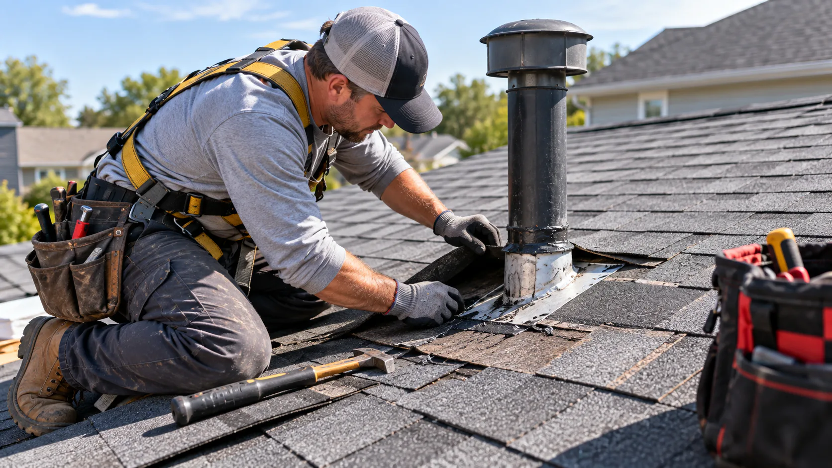 Roofer sealing a leak near roof flashing
