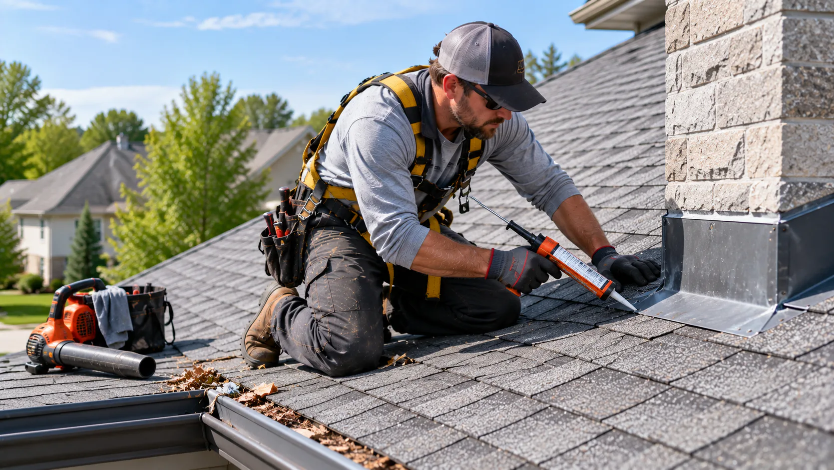 Roofer performing routine roof maintenance