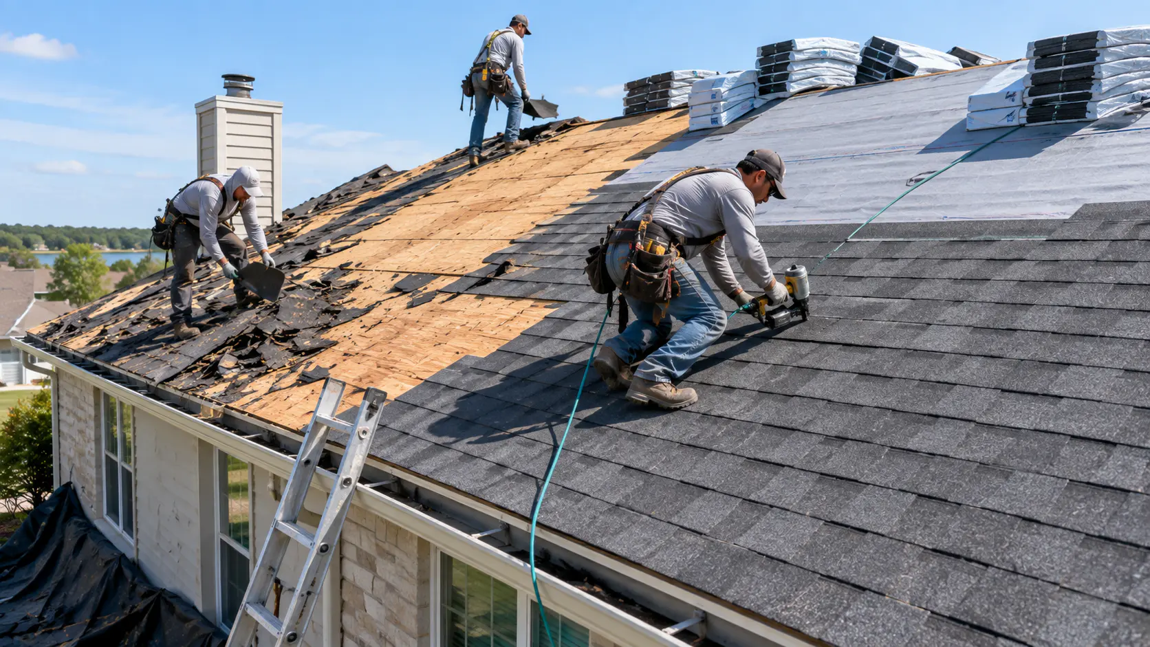 Roofing crew replacing an existing residential roof