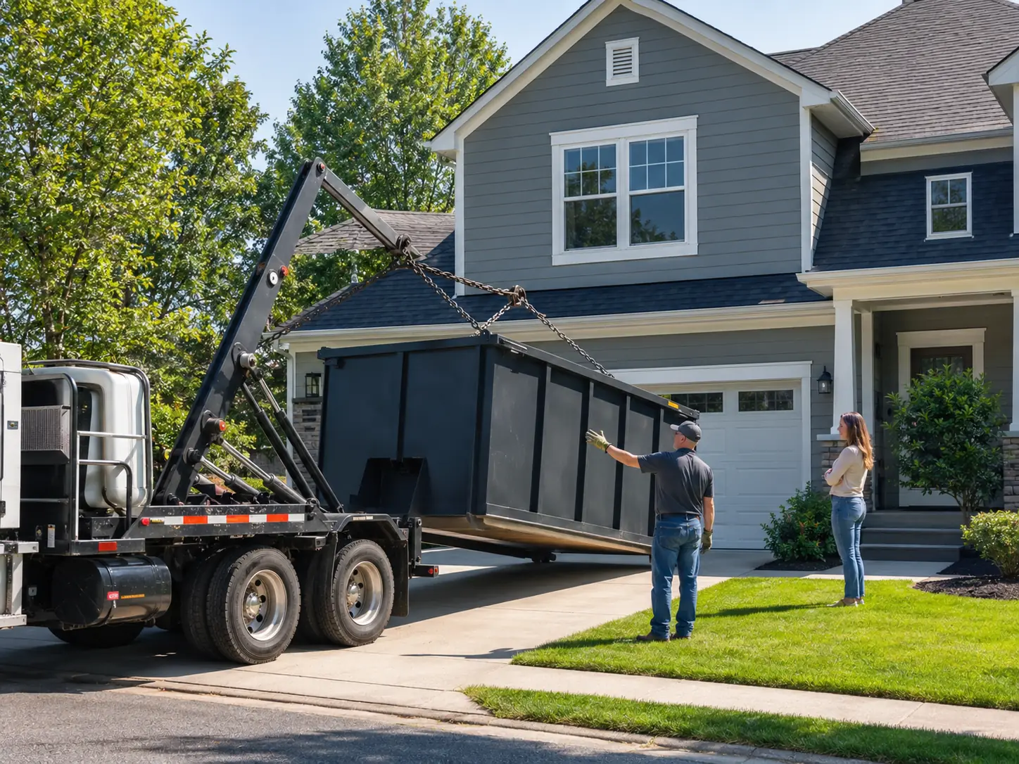 Roll-off dumpster being delivered to a residential property