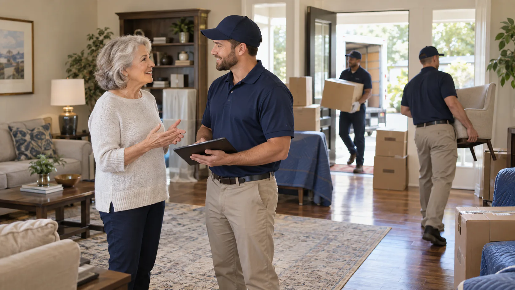Movers assisting an older adult with a household move