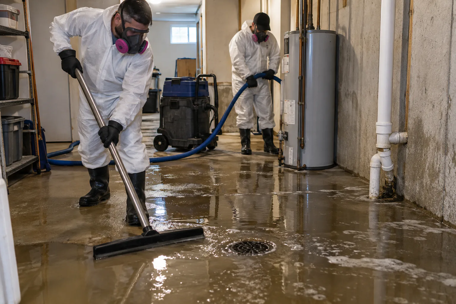Restoration technicians cleaning a sewage-affected area