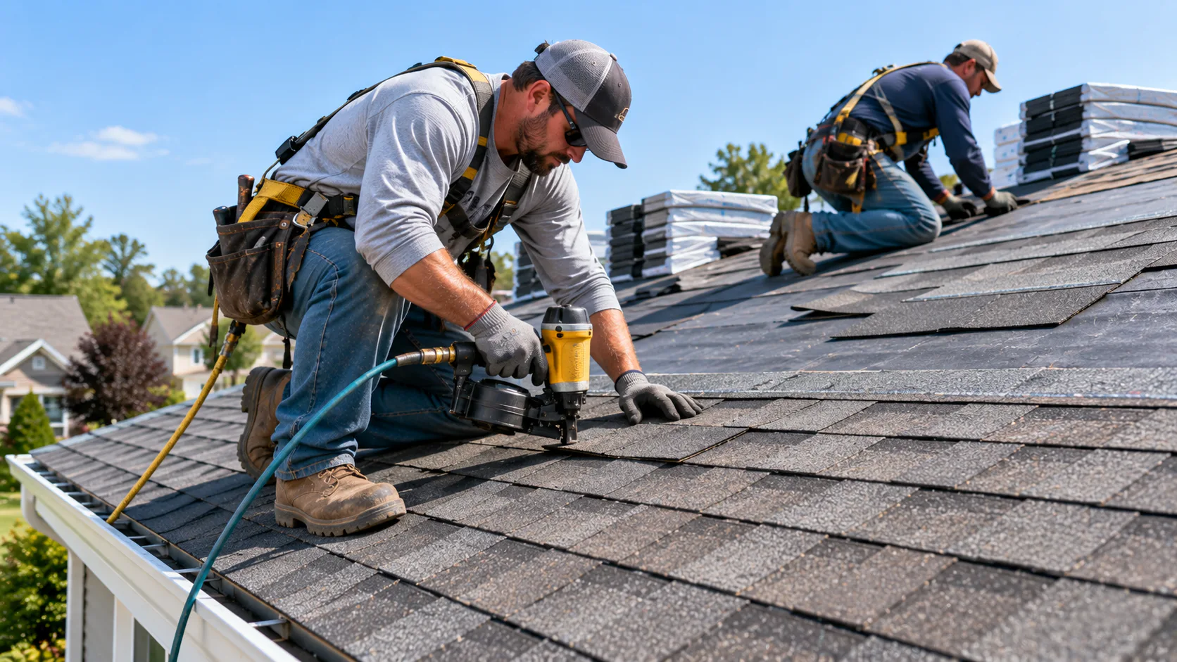 Roofers installing architectural shingles
