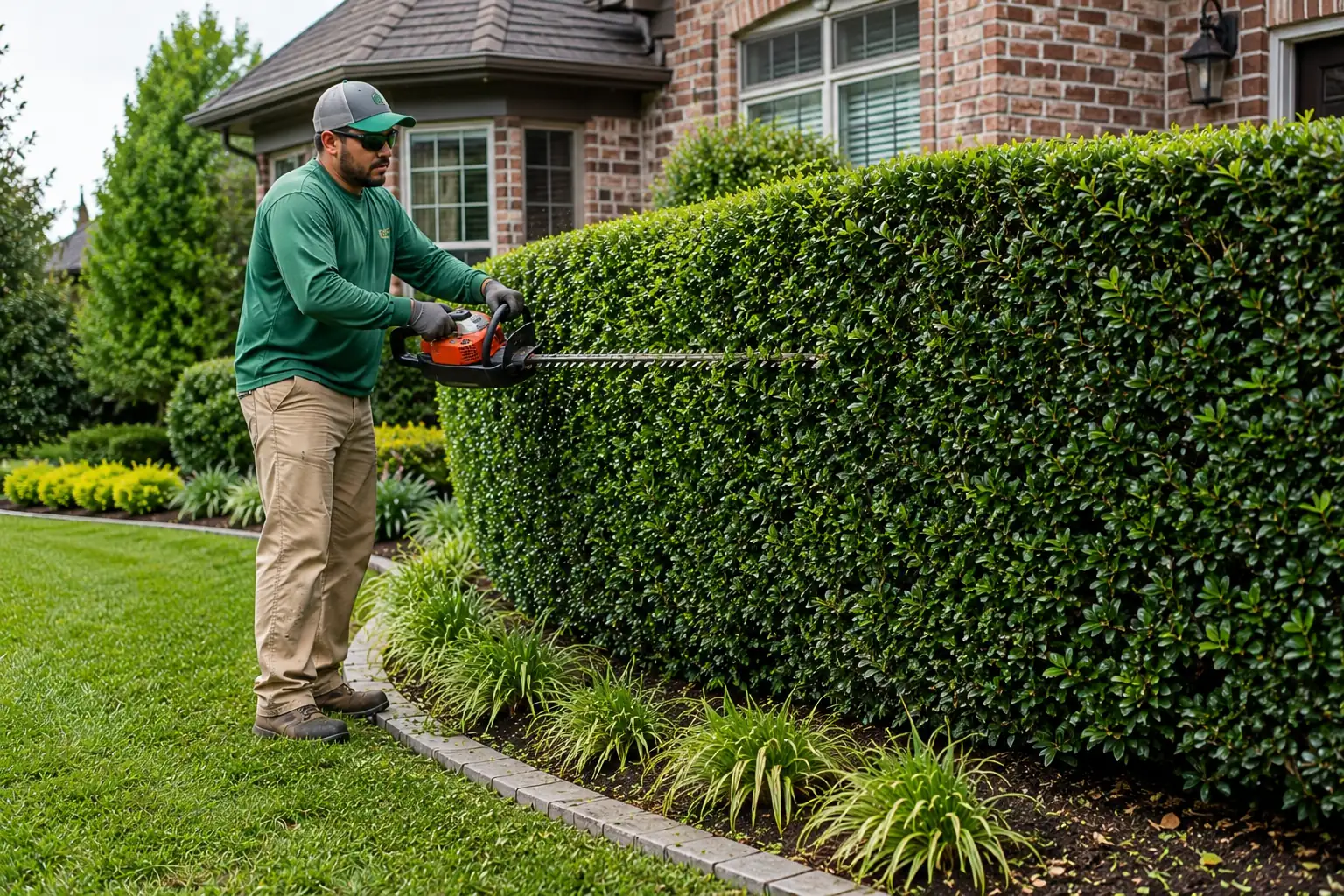 Landscaper trimming shrubs and hedges