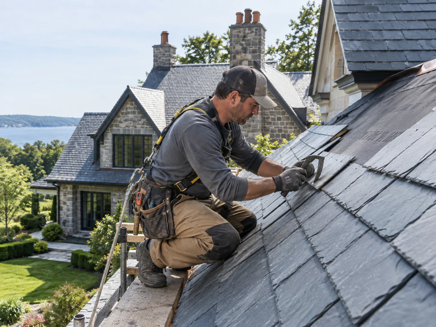 Roofers working with slate roof tiles
