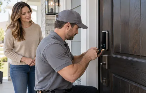 Technician servicing a smart door lock