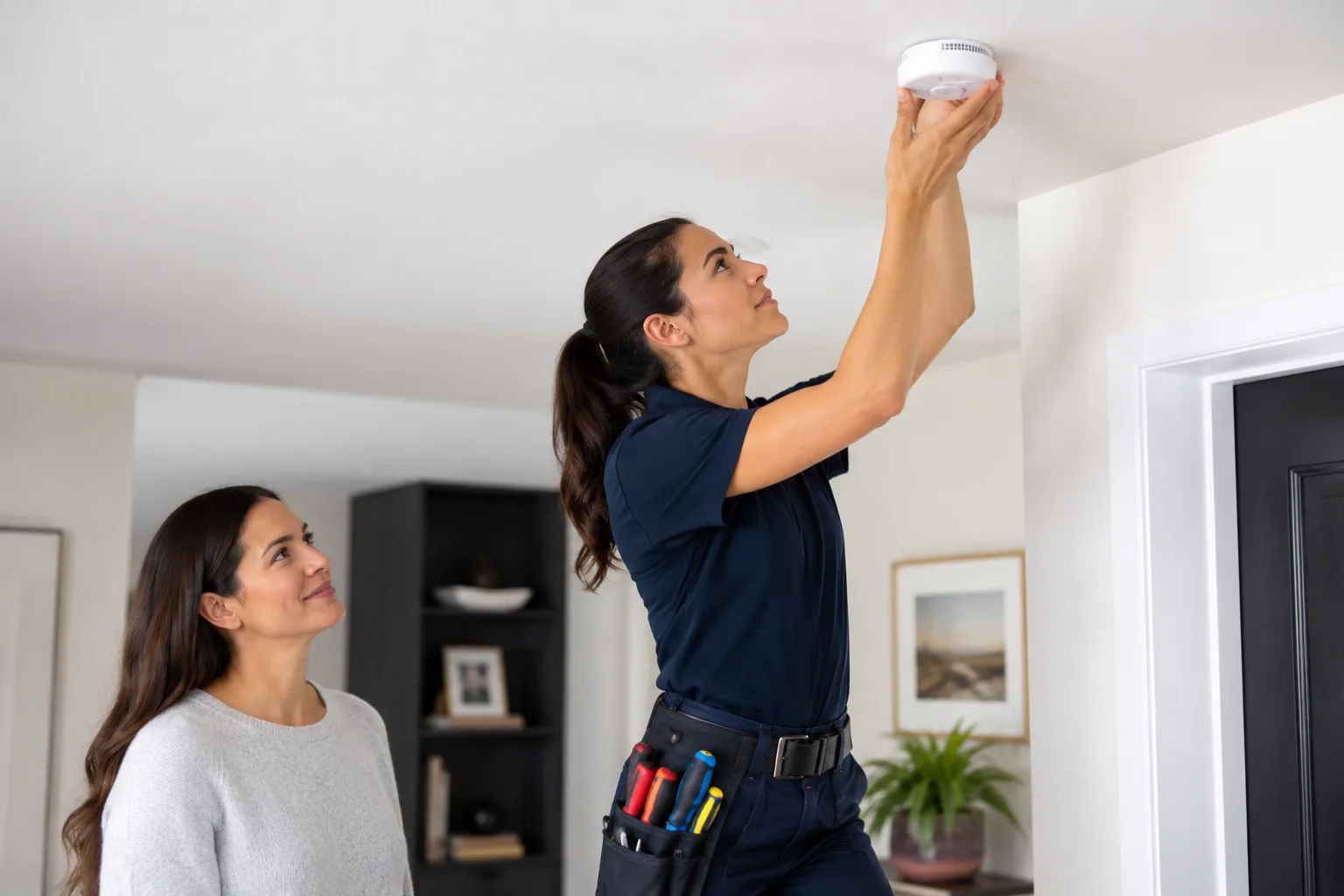Electrician installing a smoke and carbon monoxide detector