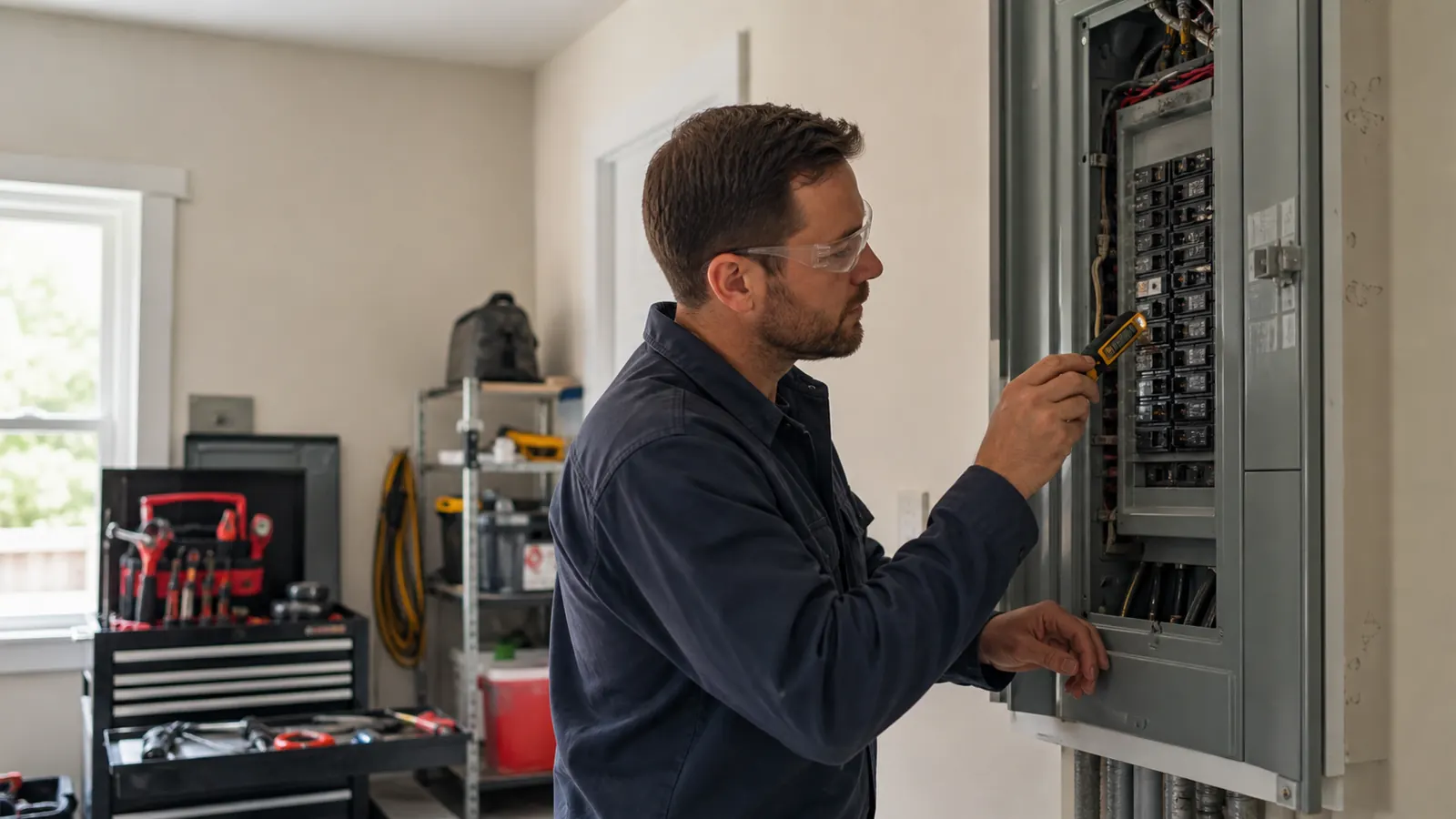 Electrician inspecting a residential breaker panel