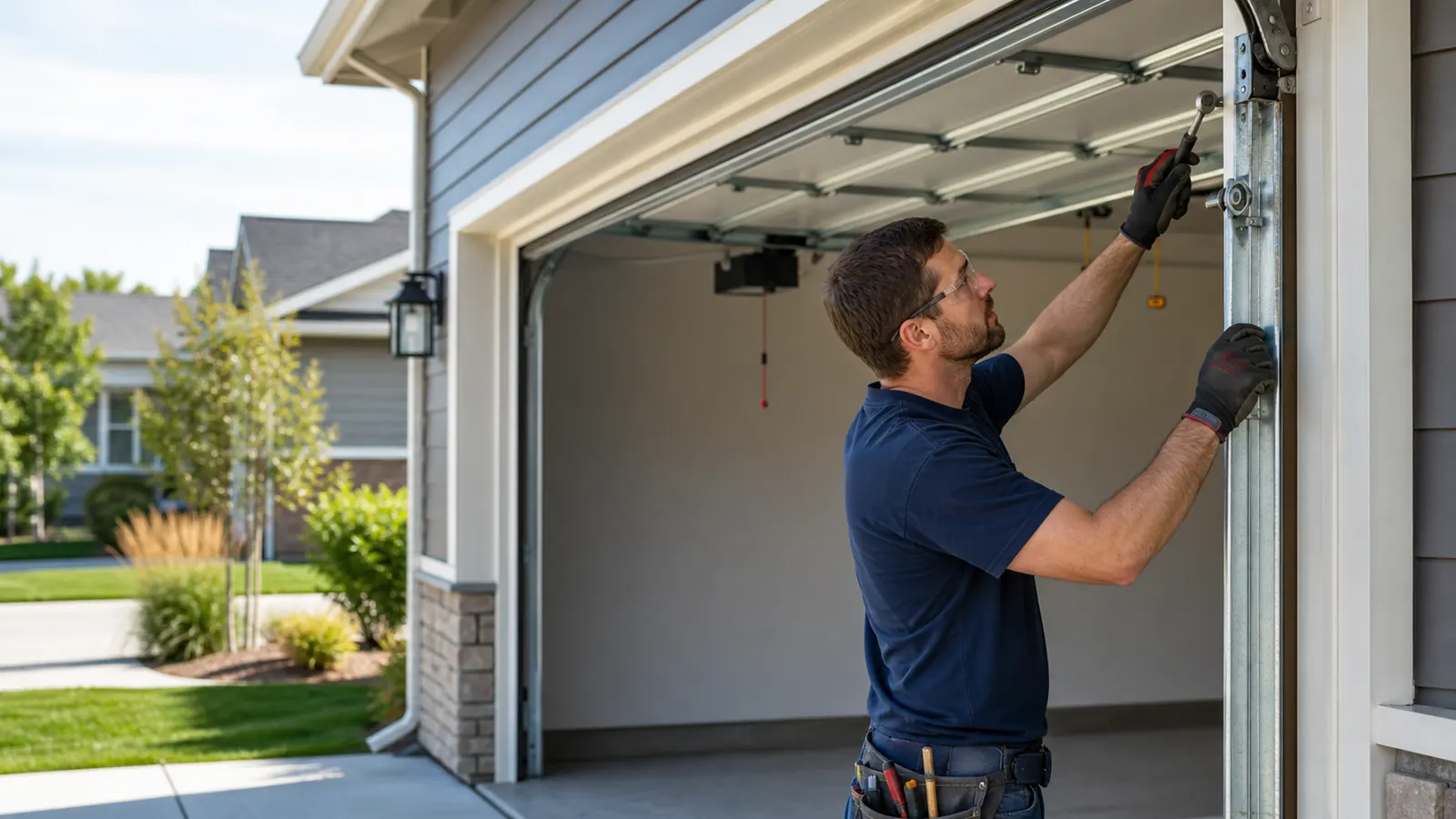 Technician adjusting a residential garage door track