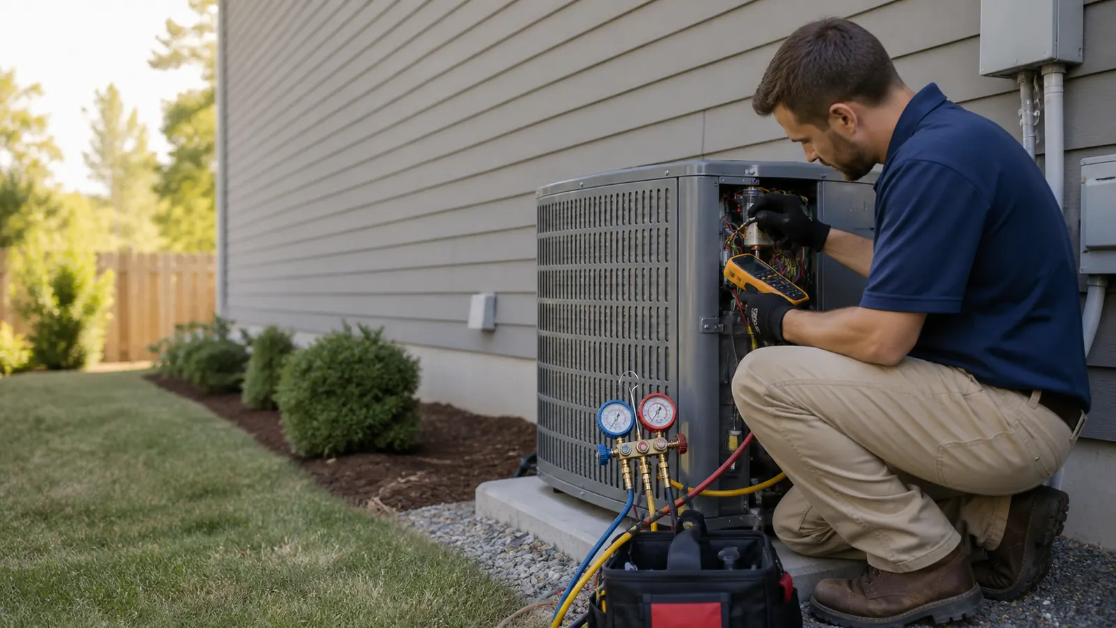 HVAC technician servicing an outdoor condenser unit