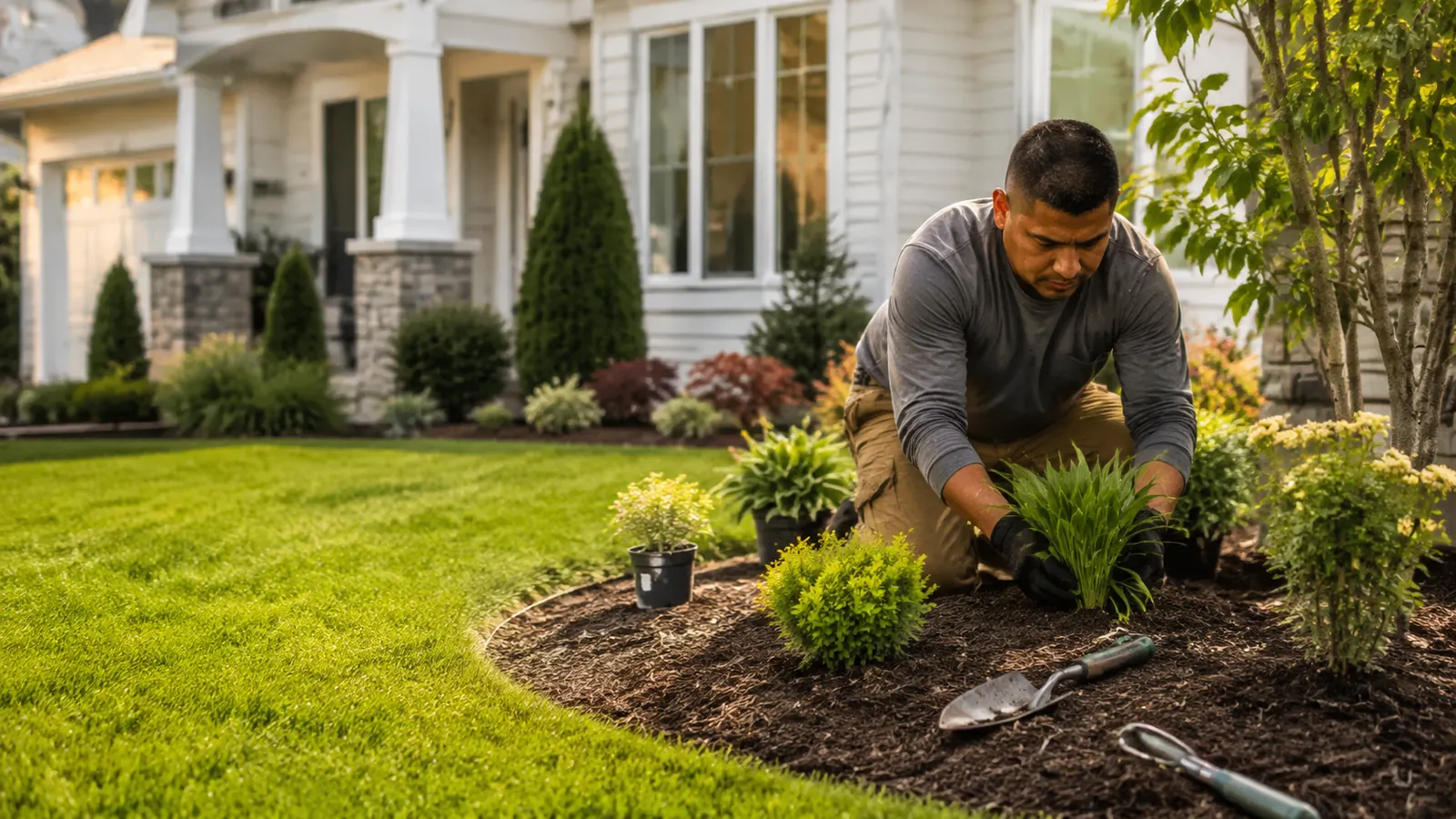 Landscaper planting in a residential garden bed