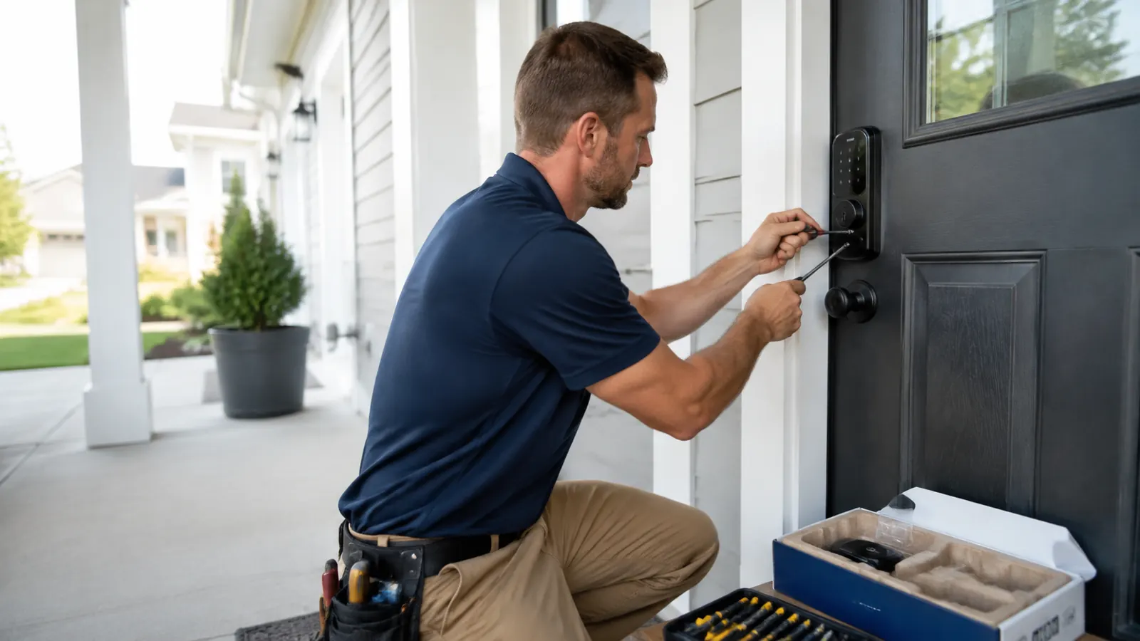Technician installing a smart lock on a front door