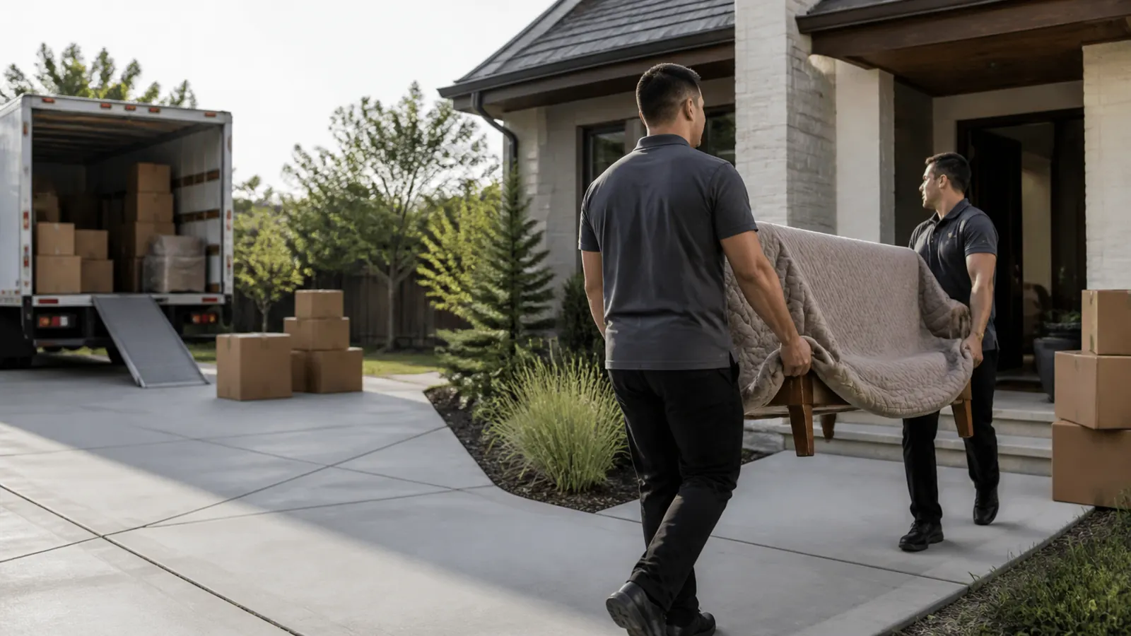 Movers carrying furniture into a home