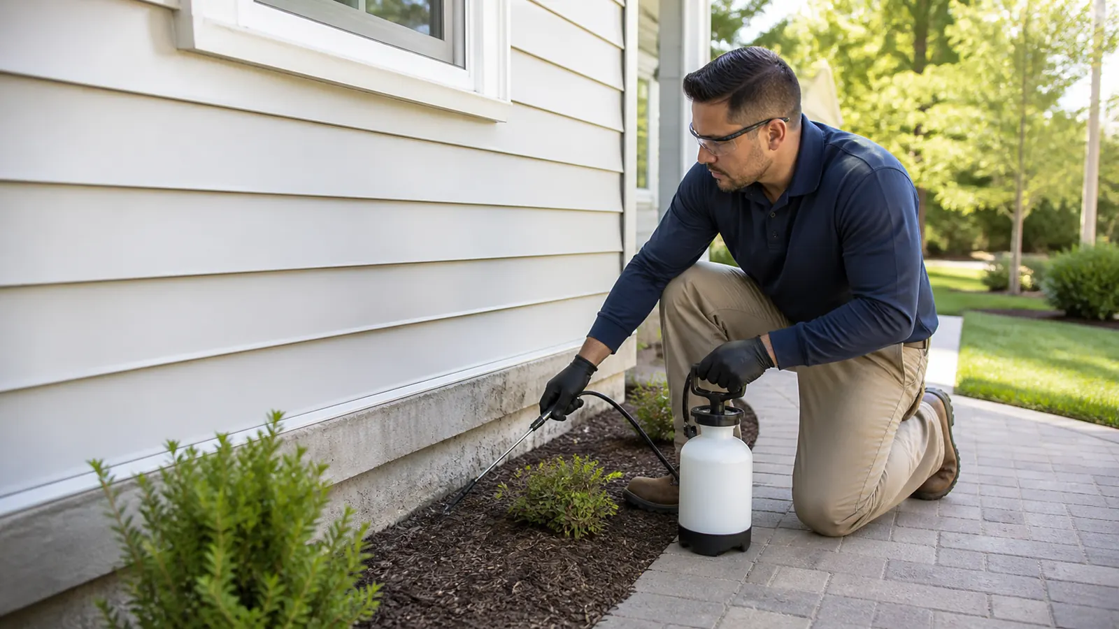 Pest control technician treating a home exterior