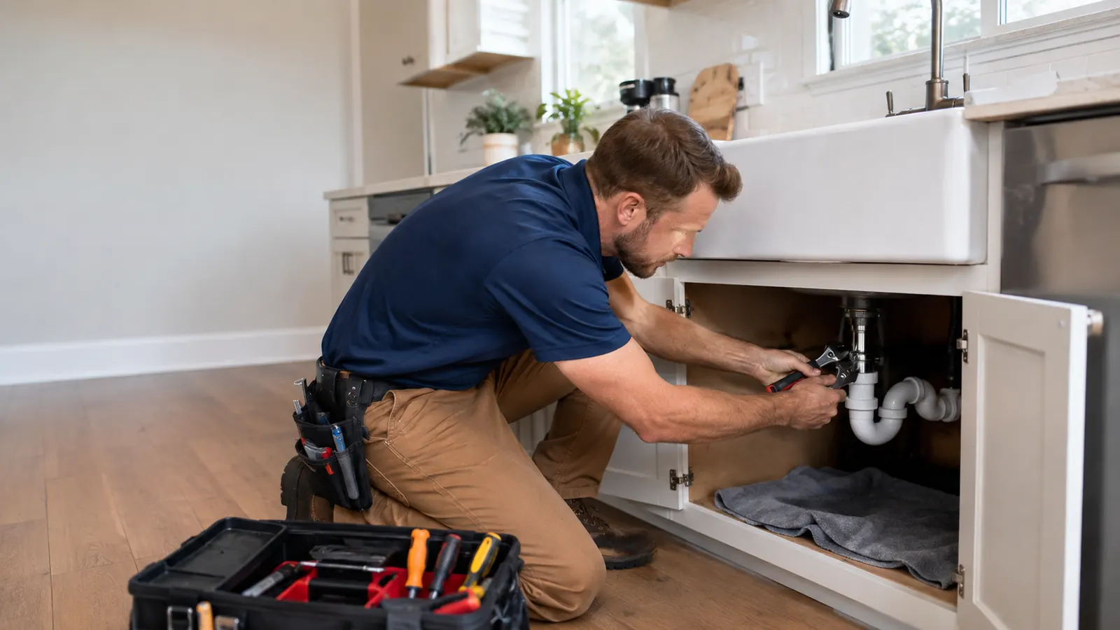 Plumber repairing pipes under a kitchen sink