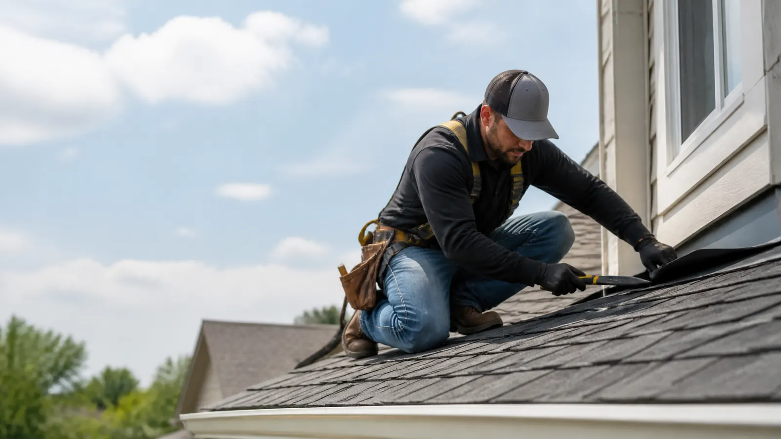 Roofer repairing shingles on a residential roof