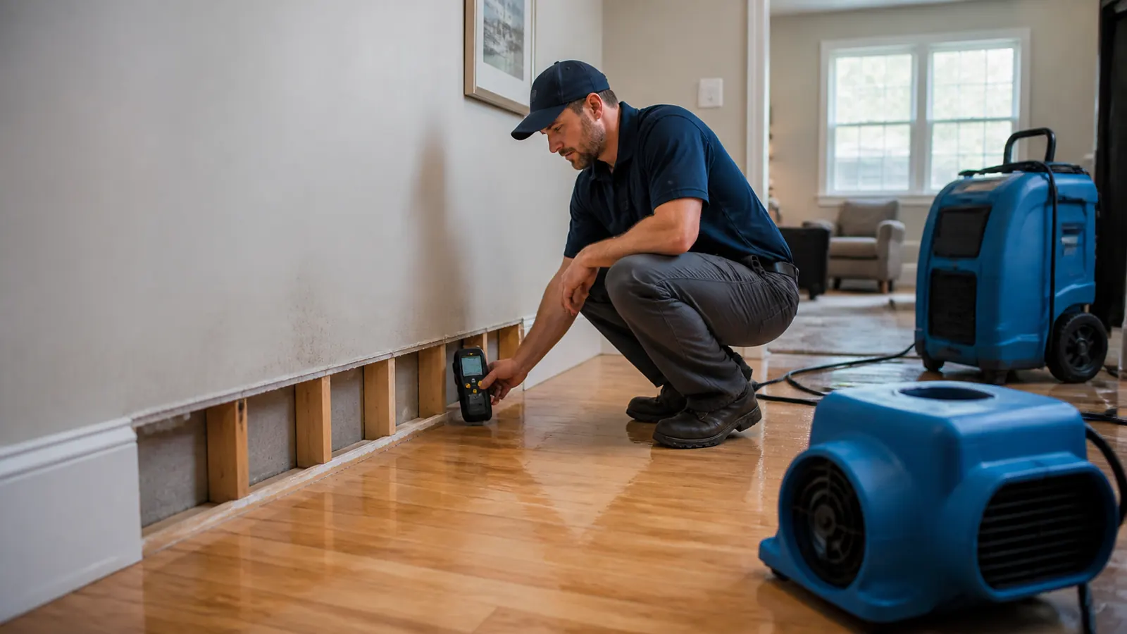 Restoration technician checking moisture near a damaged wall