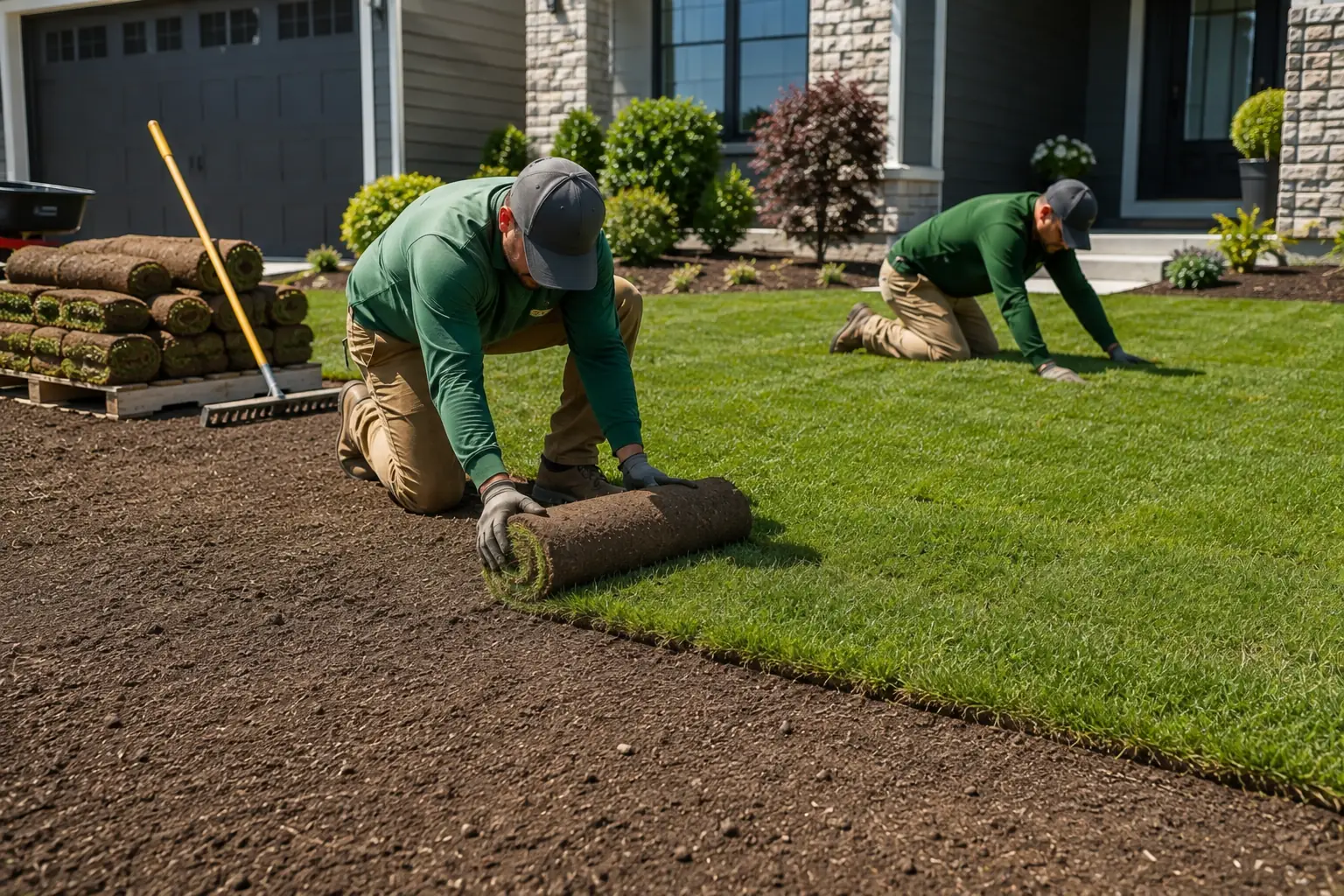 Landscapers installing fresh sod in a residential yard